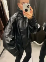 HH Autumn Faux Leather Jacket For Women Casual Solid Long Sleeve Zipper Pu Leather Coats New Fashion Female Streetwear - Image 4
